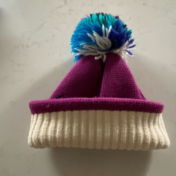 SMILEY Wool Knit Ski Hat Pom Pom Purple Blue Adult OS Made in USA - Picture 3 of 6